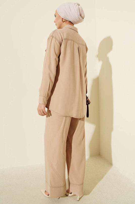 Gömlek Yaka Tek Cepli İkili Takım Latte