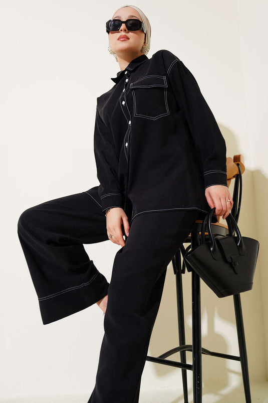 Gömlek Yaka Tek Cepli İkili Takım Siyah
