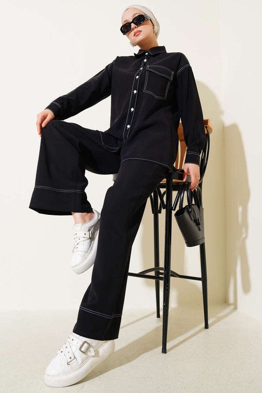 Gömlek Yaka Tek Cepli İkili Takım Siyah