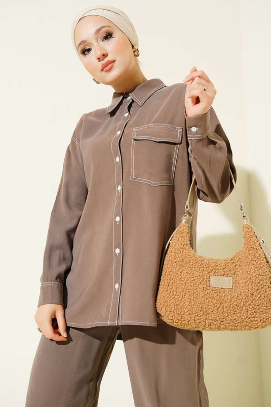 Costume deux pièces à col chemise et poche unique en vison