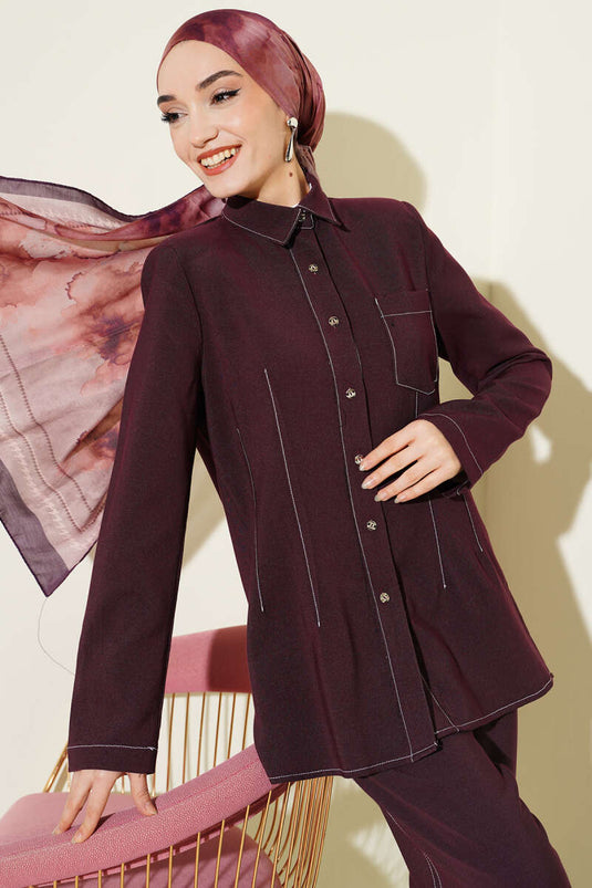 Completo con Colletto a Camicia e Tasca Singola, colore prugna