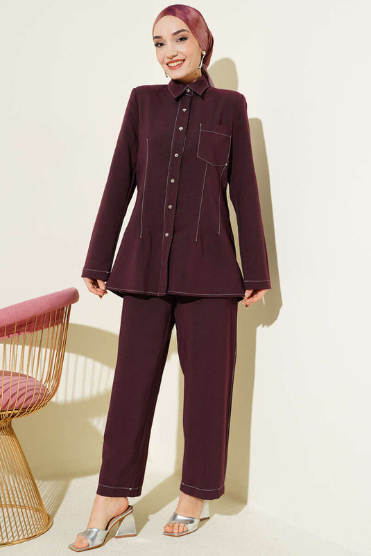 Completo con Colletto a Camicia e Tasca Singola, colore prugna