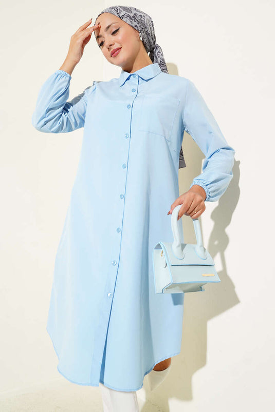 Gömlek Yaka Tek Cepli Uzun Gömlek Bebe Mavi