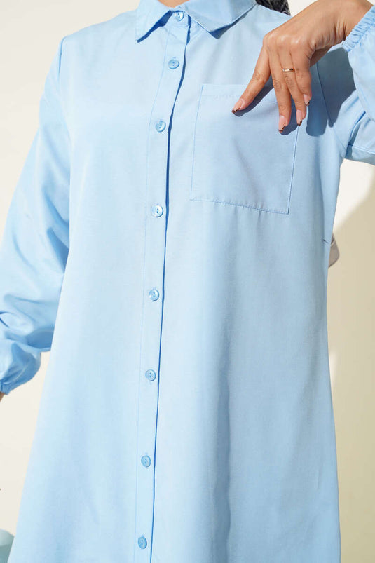 Gömlek Yaka Tek Cepli Uzun Gömlek Bebe Mavi