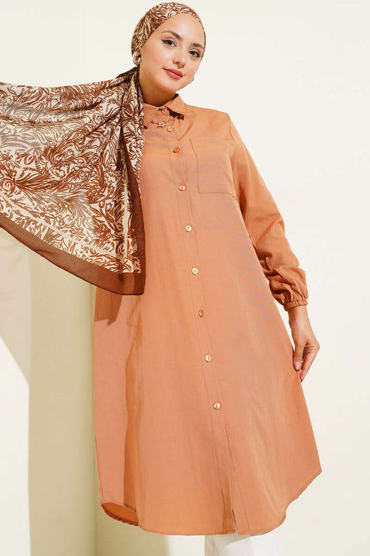 Gömlek Yaka Tek Cepli Uzun Gömlek Camel