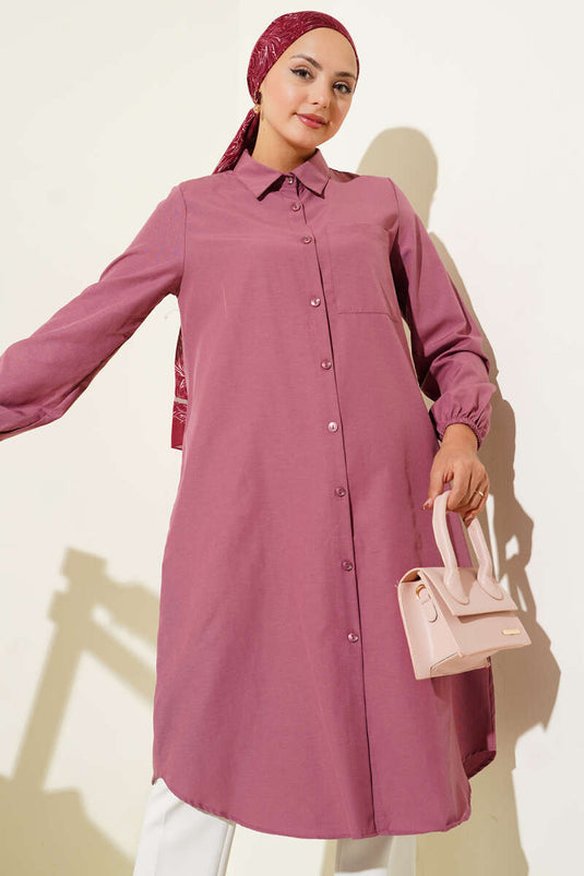 Chemise longue à col et poche unique, vieux rose