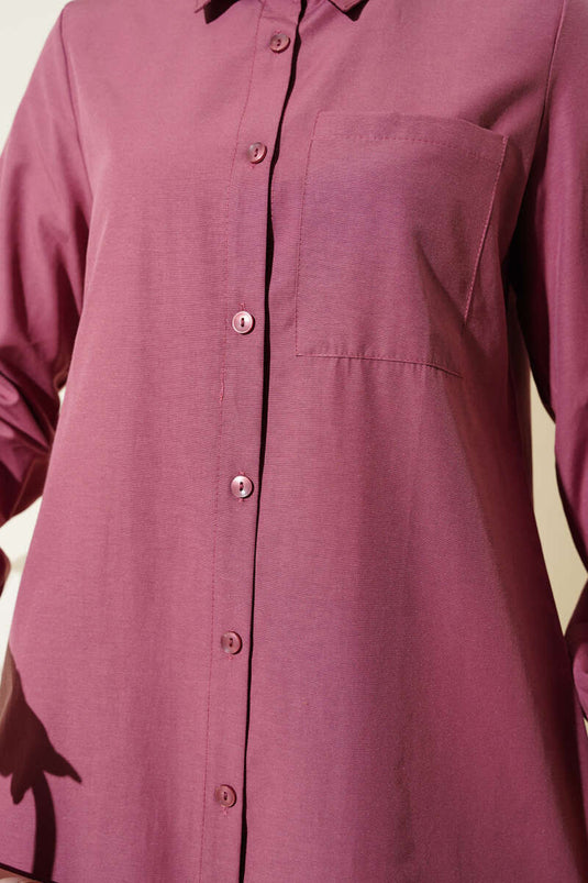 Chemise longue à col et poche unique, vieux rose