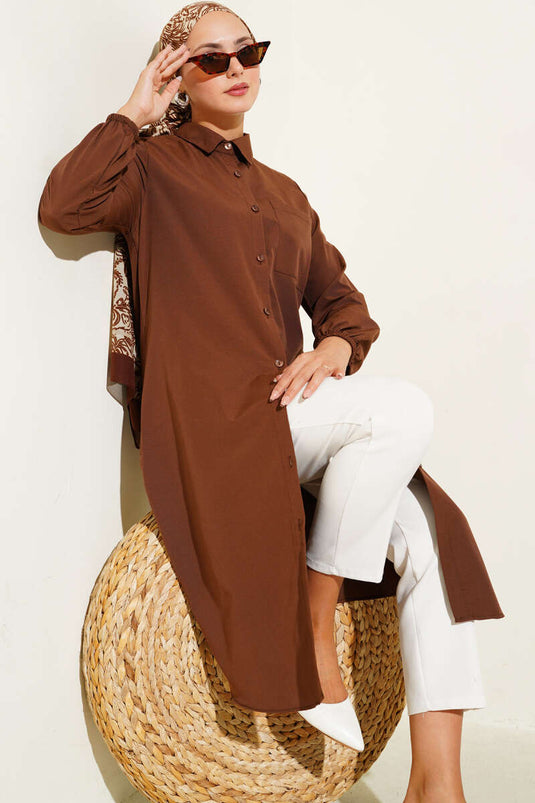 Shirt Collar Single Pocket Long Shirt Brown