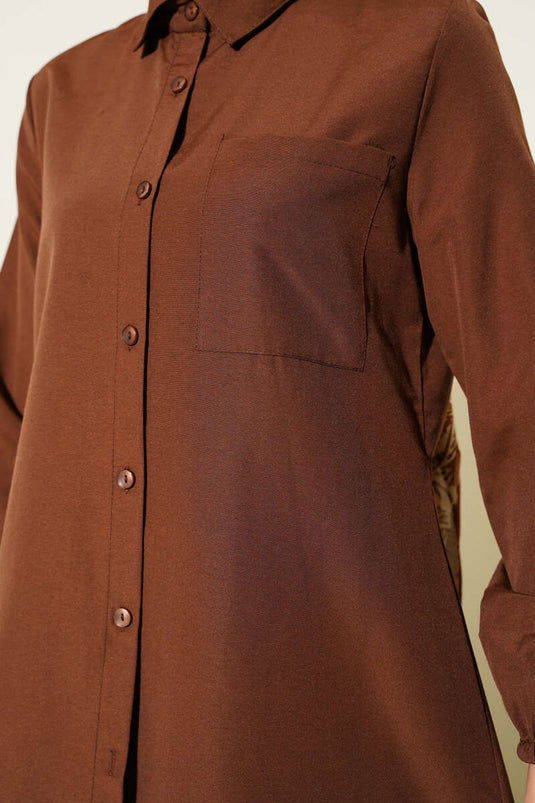 Shirt Collar Single Pocket Long Shirt Brown