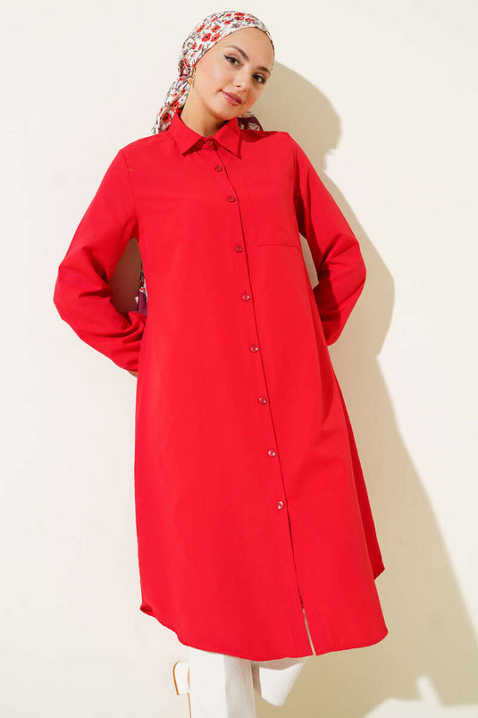 Gömlek Yaka Tek Cepli Uzun Gömlek Kırmızı