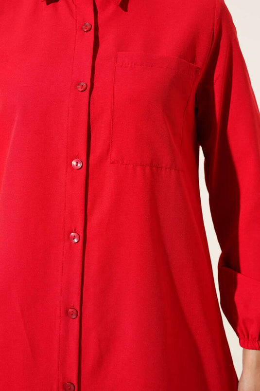 Gömlek Yaka Tek Cepli Uzun Gömlek Kırmızı