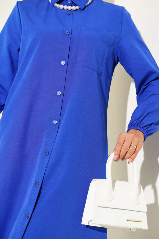 Shirt Collar Single Pocket Long Shirt in Saxe