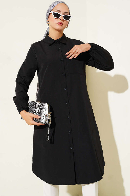 Gömlek Yaka Tek Cepli Uzun Gömlek Siyah