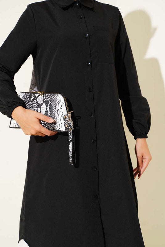 Gömlek Yaka Tek Cepli Uzun Gömlek Siyah