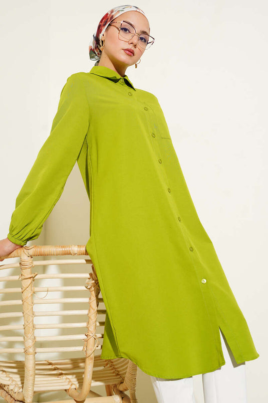Gömlek Yaka Tek Cepli Uzun Gömlek Yeşil