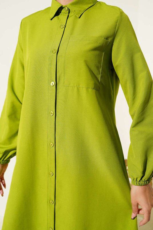 Gömlek Yaka Tek Cepli Uzun Gömlek Yeşil