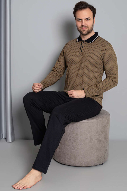 Ensemble pyjama homme camel à manches longues et col chemise