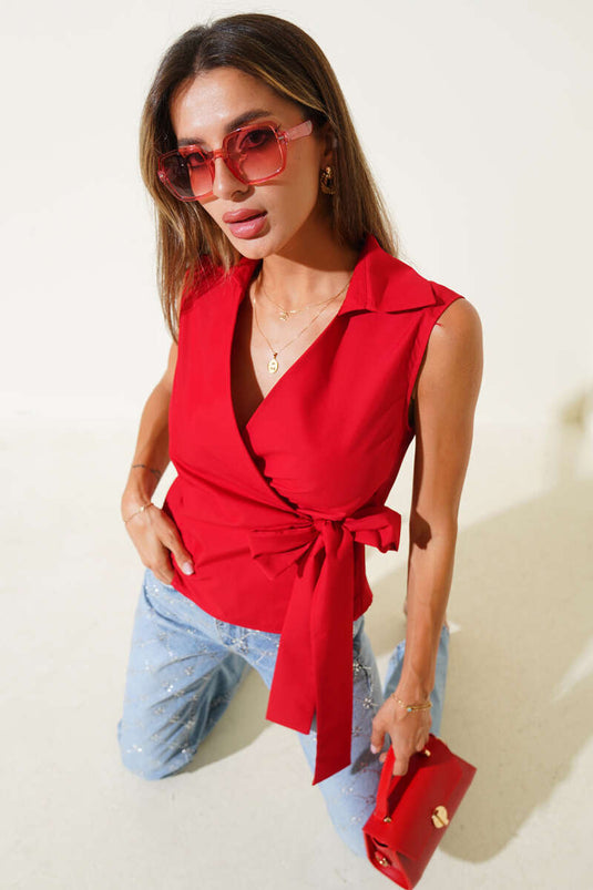 Gömlek Yaka Yan Bağlamalı Bluz Kırmızı
