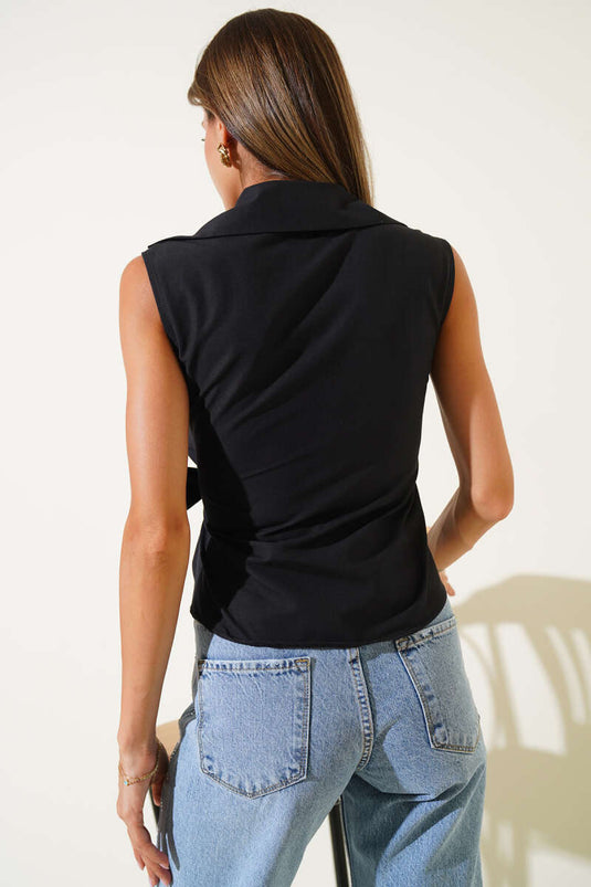 Gömlek Yaka Yan Bağlamalı Bluz Siyah