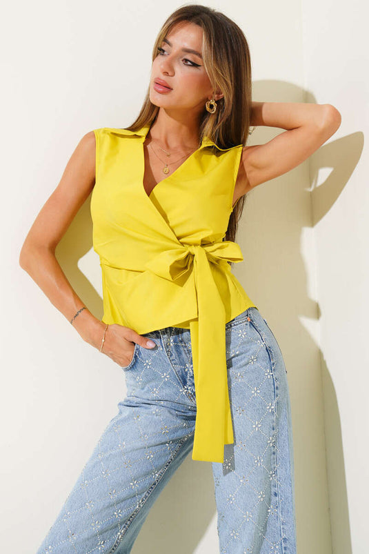 Gömlek Yaka Yan Bağlamalı Bluz Yağ Yeşili