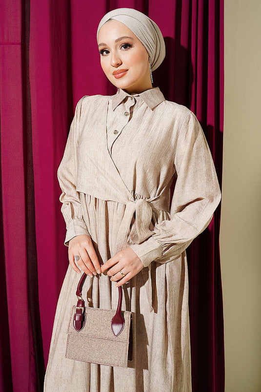 Shirt Collar Side-Tied Dress Beige