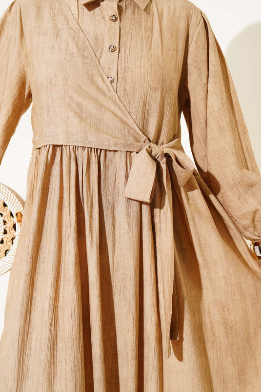 Gömlek Yaka Yandan Bağlamalı Elbise Camel