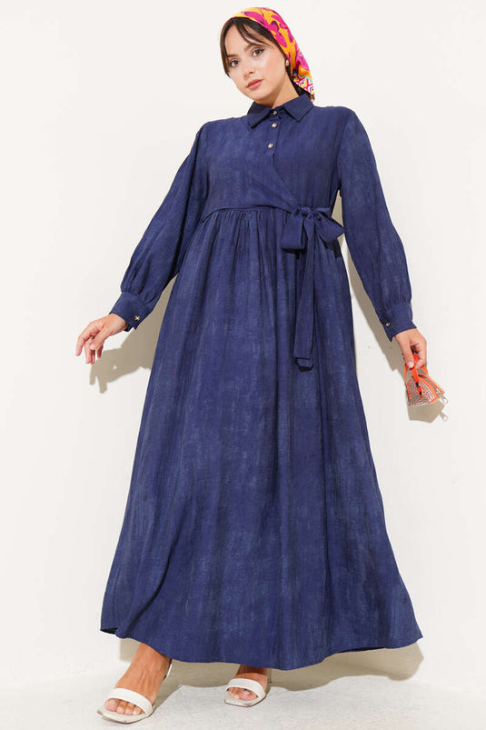 Shirt Collar Side Tie Dress Navy Blue