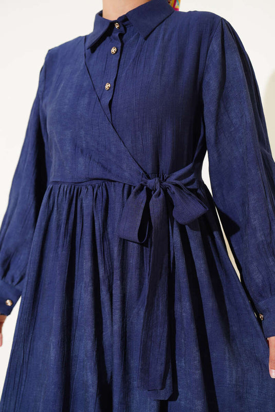Shirt Collar Side Tie Dress Navy Blue
