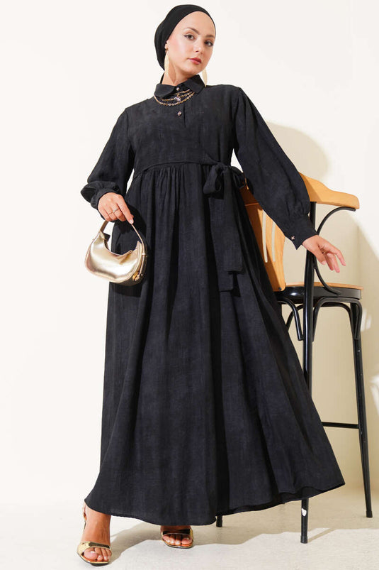 Gömlek Yaka Yandan Bağlamalı Elbise Siyah