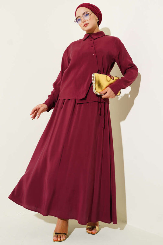 Gömlek Yaka Yandan Bağlamalı Etekli İkili Takım Bordo