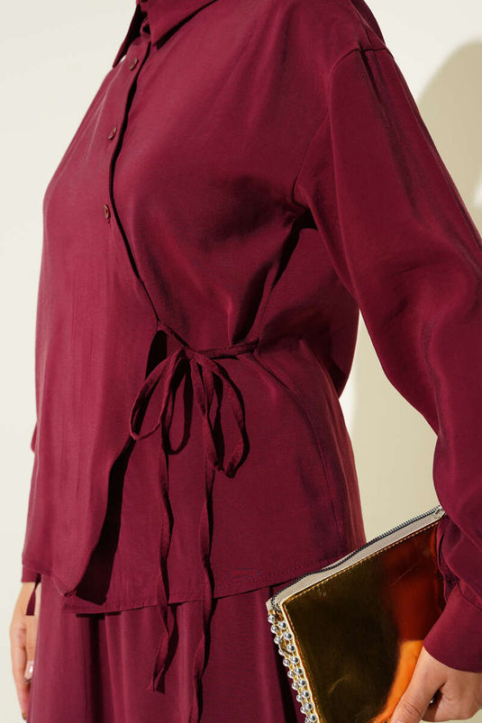 Gömlek Yaka Yandan Bağlamalı Etekli İkili Takım Bordo