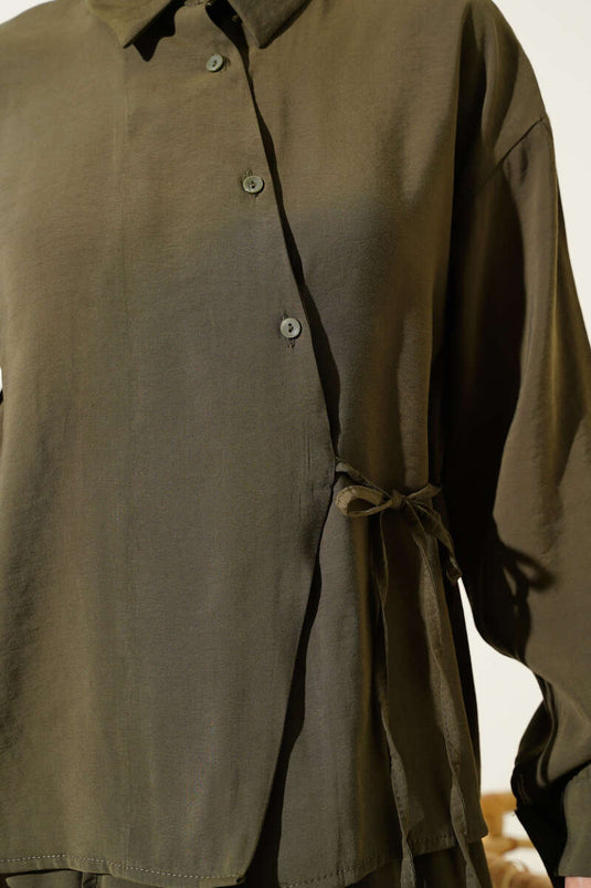 Gömlek Yaka Yandan Bağlamalı Etekli İkili Takım Haki