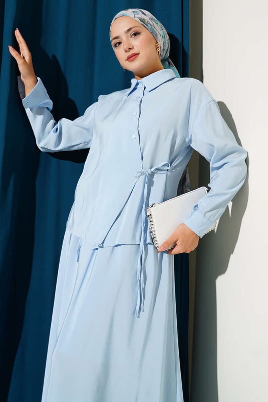 Shirt Collar Side Tie Skirt Two-Piece Set Blue