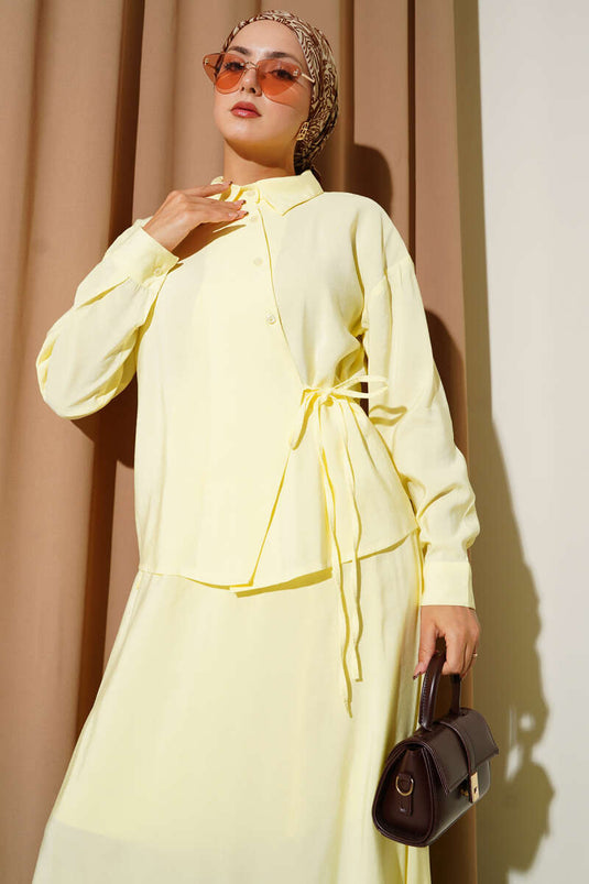 Shirt Collar Side Tie Skirt Two-Piece Set Yellow