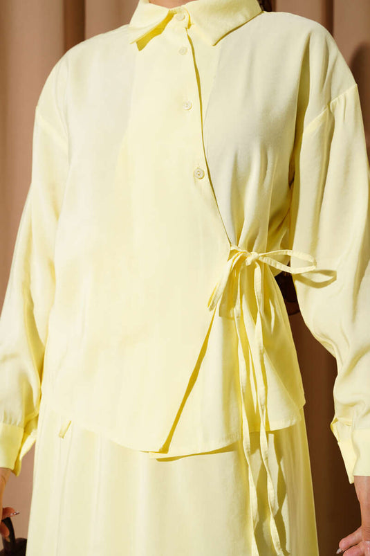 Shirt Collar Side Tie Skirt Two-Piece Set Yellow