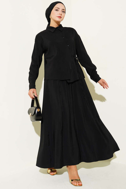 Ensemble deux pièces jupe à col chemise et nœud sur le côté, noir