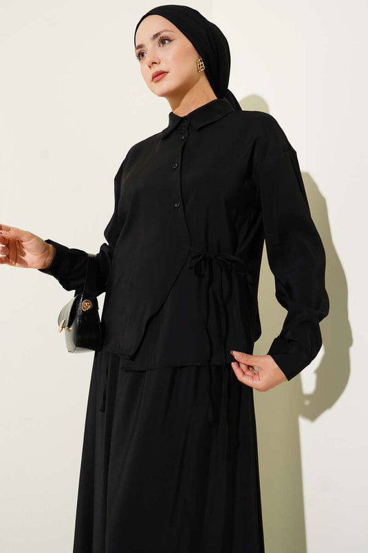 Shirt Collar Side Tie Skirt Two-Piece Set, Black