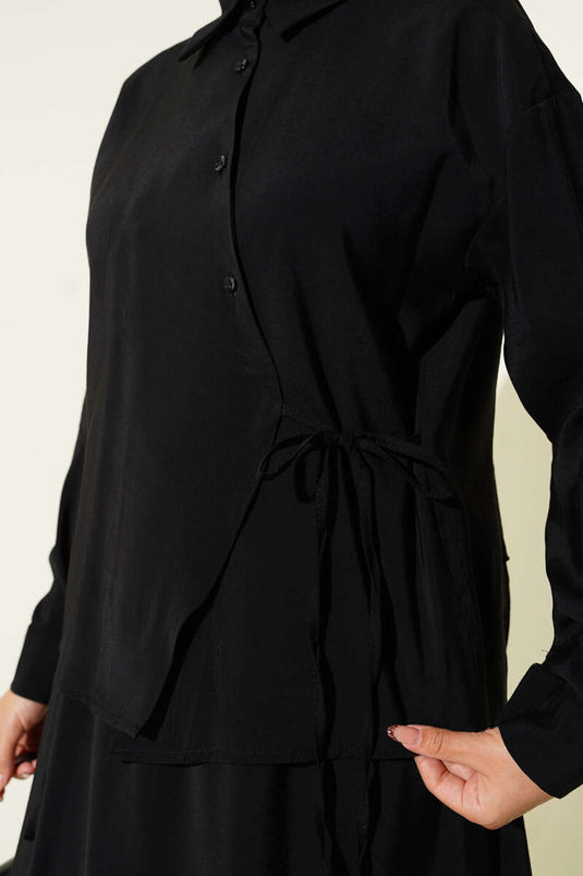 Ensemble deux pièces jupe à col chemise et nœud sur le côté, noir