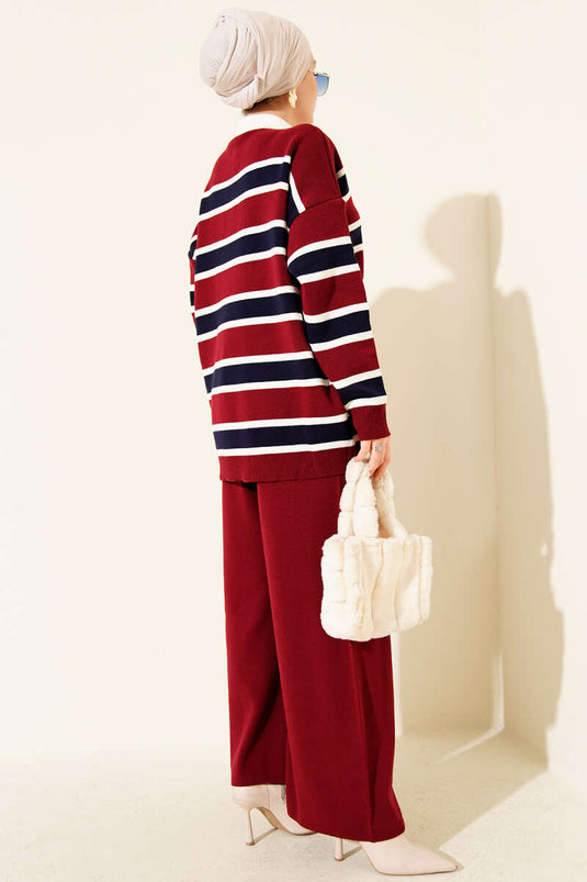 Shirt Collar Horizontal Striped Knit Two-Piece Set, Burgundy