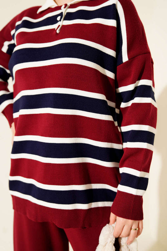 Ensemble deux pièces en maille rayée horizontale à col chemise, bordeaux