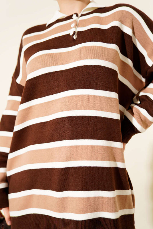 Ensemble deux pièces en maille rayée horizontale à col chemise, couleur café