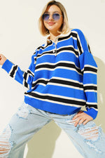 Pull en tricot à rayures horizontales col chemise bleu saphir