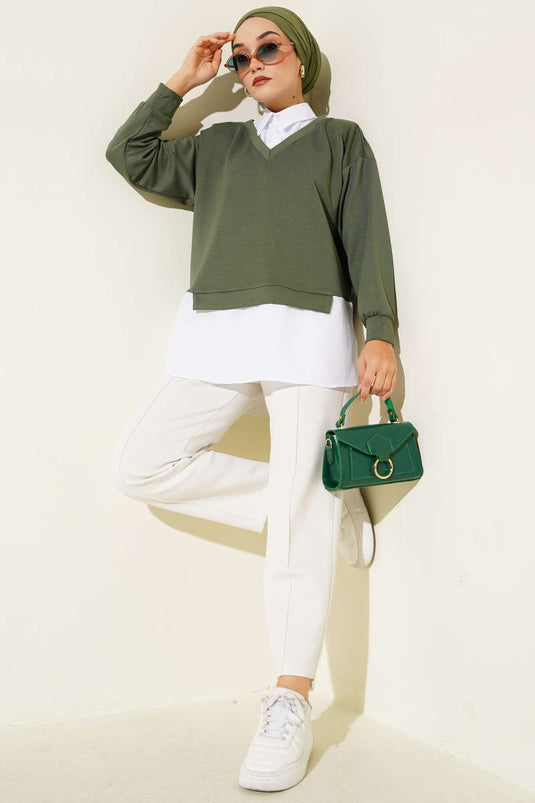 Tunique granit à col chemise kaki