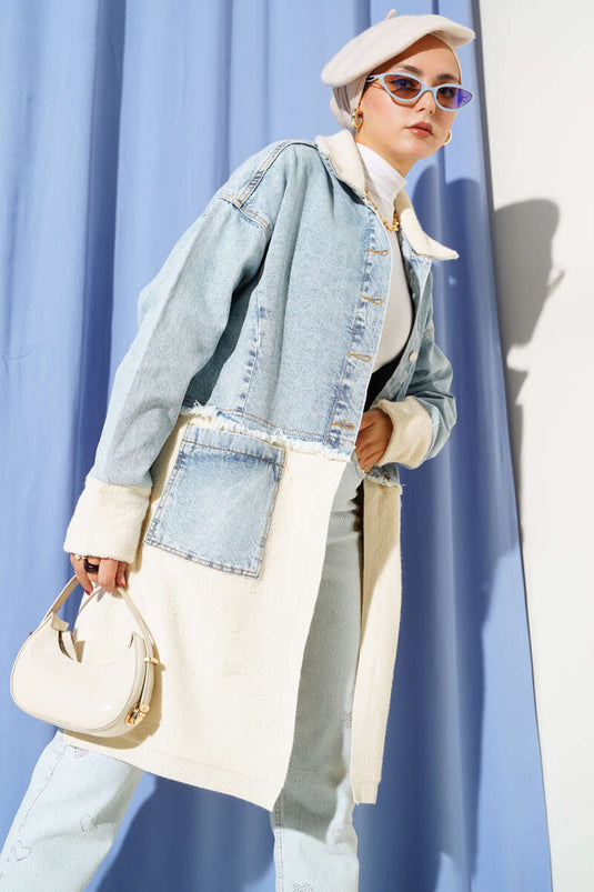 جاكيت جينز طويل بياقة قميص، أزرق فاتح