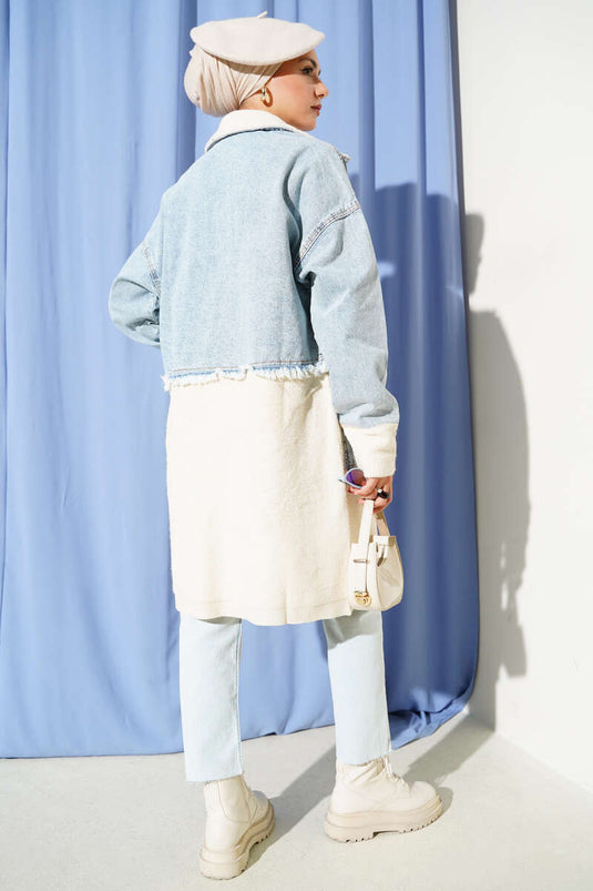 Veste longue en jean à col chemise bleu clair