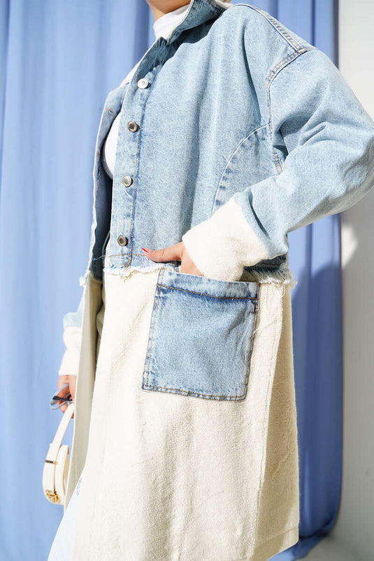 جاكيت جينز طويل بياقة قميص، أزرق فاتح