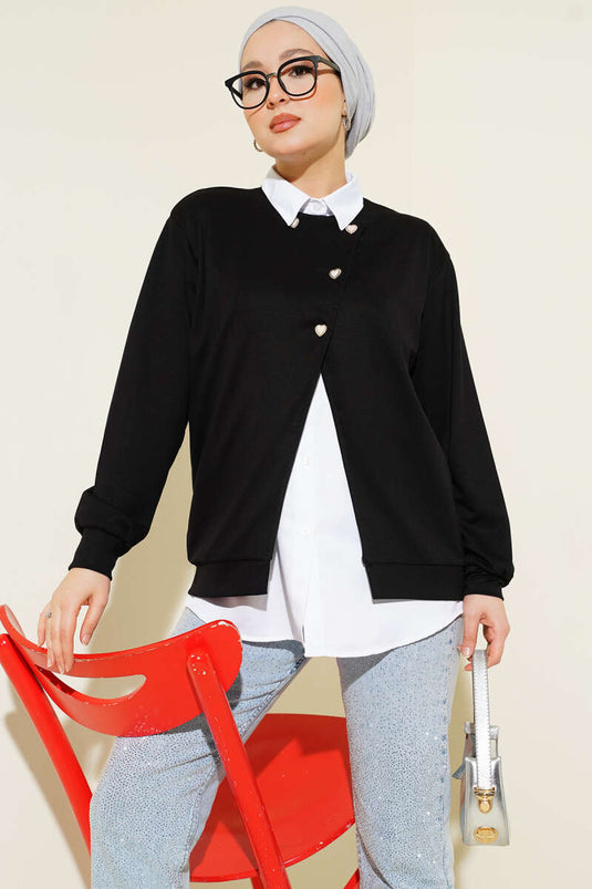 Two-Piece Set with Shirt and Buttoned Cardigan Black