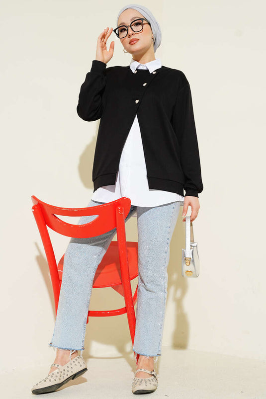 Two-Piece Set with Shirt and Buttoned Cardigan Black