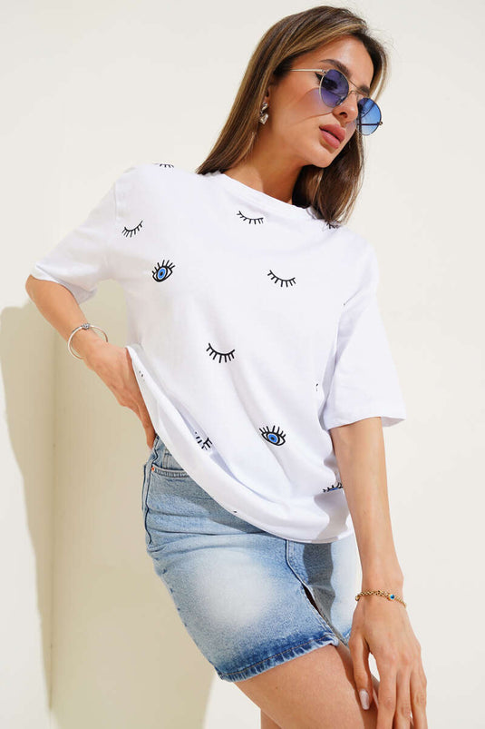 T-Shirt mit Augenprint, Ecru