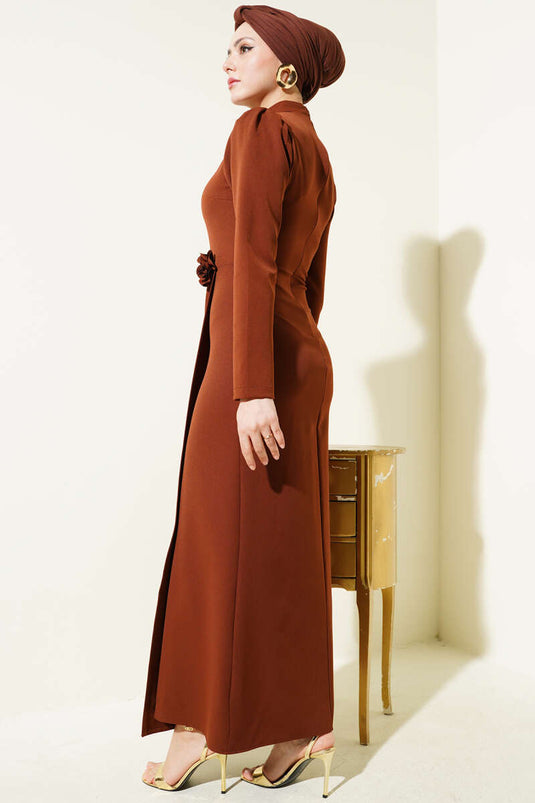 Pleated Waist Dress with Rose Accessory, Brown